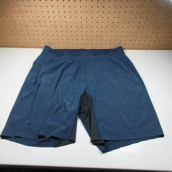 lululemon mens solid navy w black crotch T.H.E. gym training shorts L - Picture 1 of 5